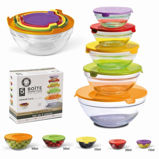 SET 5 HERMETICOS REDONDOS CRISTAL C/ TAPA COLORES